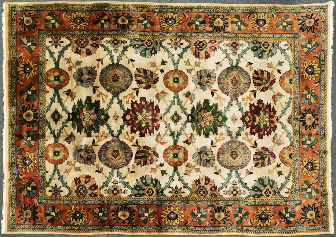 Persian Mahal Sultanabad Oriental Rug: Large 12' x 10' Persian Mahal rug having ivory field with an allover lattice of roundels and floral sprays. Rust border with large palmettes and repeating vine motifs. Village-woven Mahal design consi