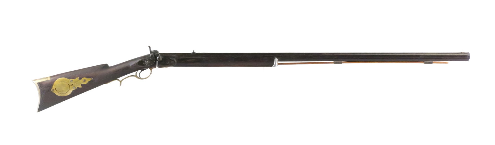 American Half-Stock Percussion Rifle: Approx. .42 bore. Octagon barrel measures 38", 53-1/2" overall. Half-stock configuration with wood ramrod. Brass furniture including patch box, trigger guard and buttplate. Barrel and lockplate markin