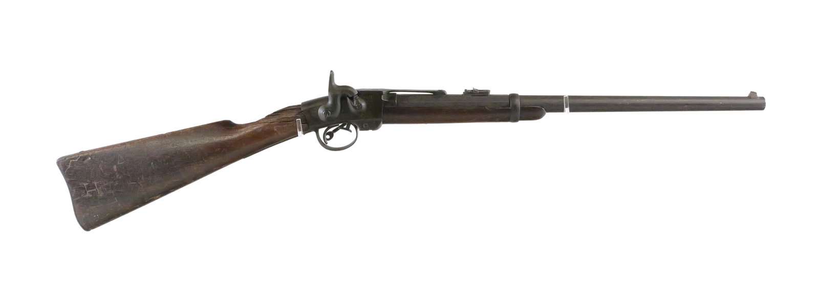 Smith Carbine .50 Cal Mass Arms Co: Smith 50 caliber single-shot break action breech-loading carbine, Markings: “MANUFACTURED BY MASS. ARMS CO CHICOPEE FALLS”. Serial #13415. Octagonal-to-round barrel approximately 21-1/2", over