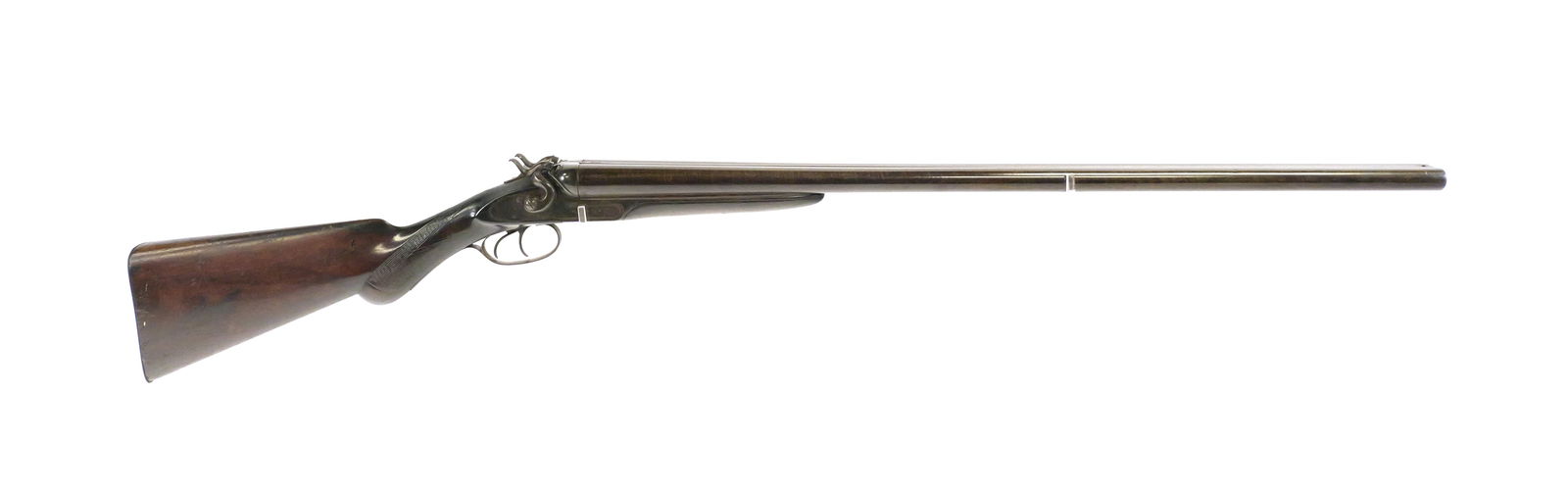 GH Fox American Arms Co. SxS Shotgun: American Arms Co., Boston side-by-side hammer shotgun, serial 2214. Marked with G.H. Fox patent dates (Jan. 4, 1870; Nov. 6, 1877; Jan. 8, 1878). 30" browned Damascus-pattern barrels, double triggers,