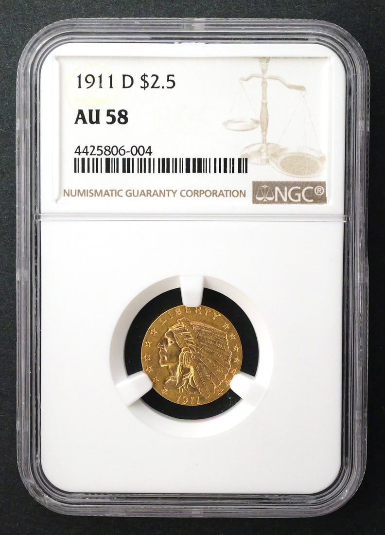 1911-D $2.5 Indian Quarter Eagle NGC AU58: The KEY coin in the series, NGC graded AU 58, 1911D United States $2.50 Indian Head gold quarter eagle. Cert number 4425806-004. This item can be shipped in-house. Multiple lot combined shipping may