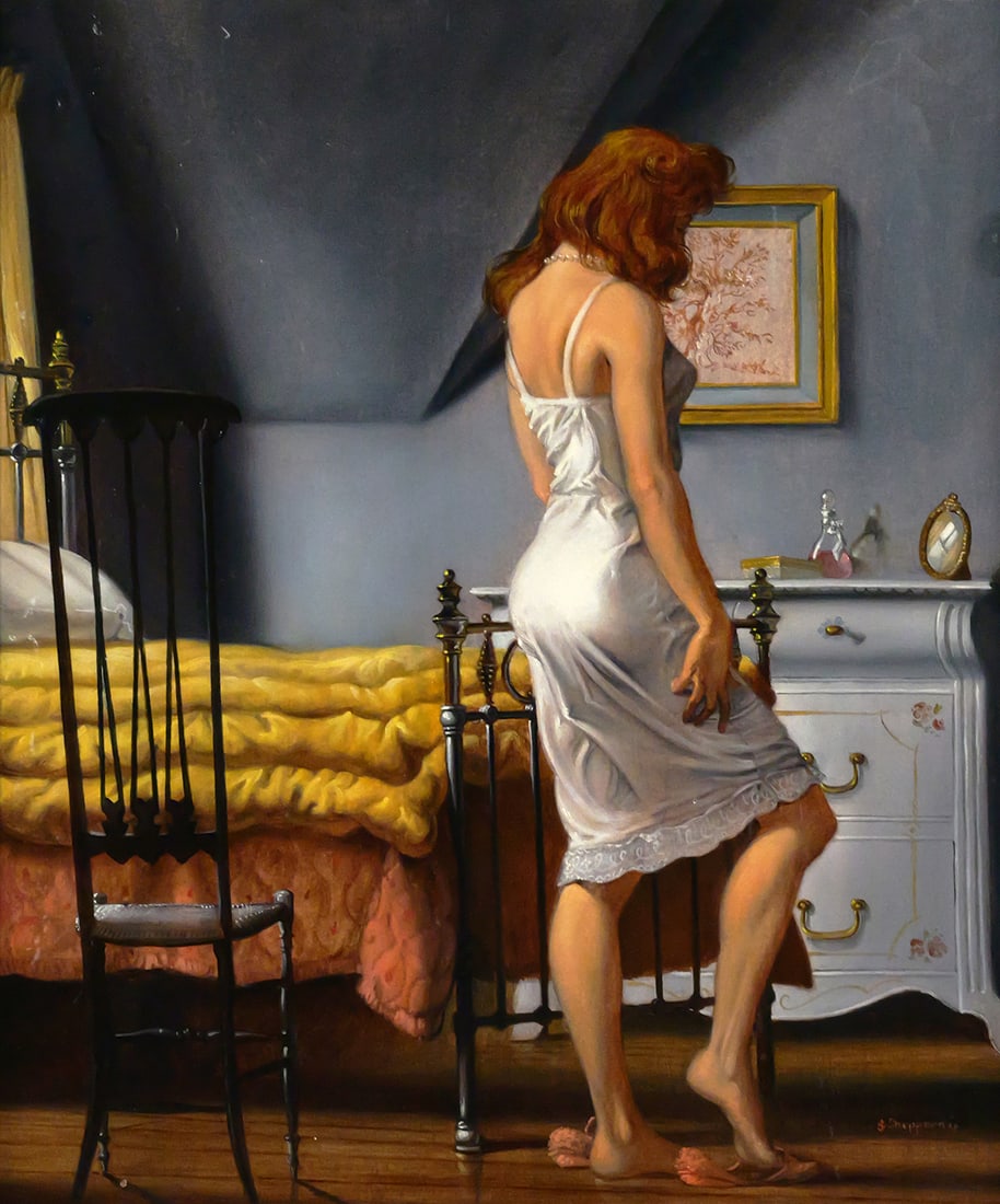 JOSEPH SHEPPARD Woman Bedroom Interior: Oil on board of a standing woman in a bedroom interior scene, signed lower right by Baltimore artist Joseph Sherly Sheppard (b. 1930), known for his realist figurative paintings, board measures 21" x