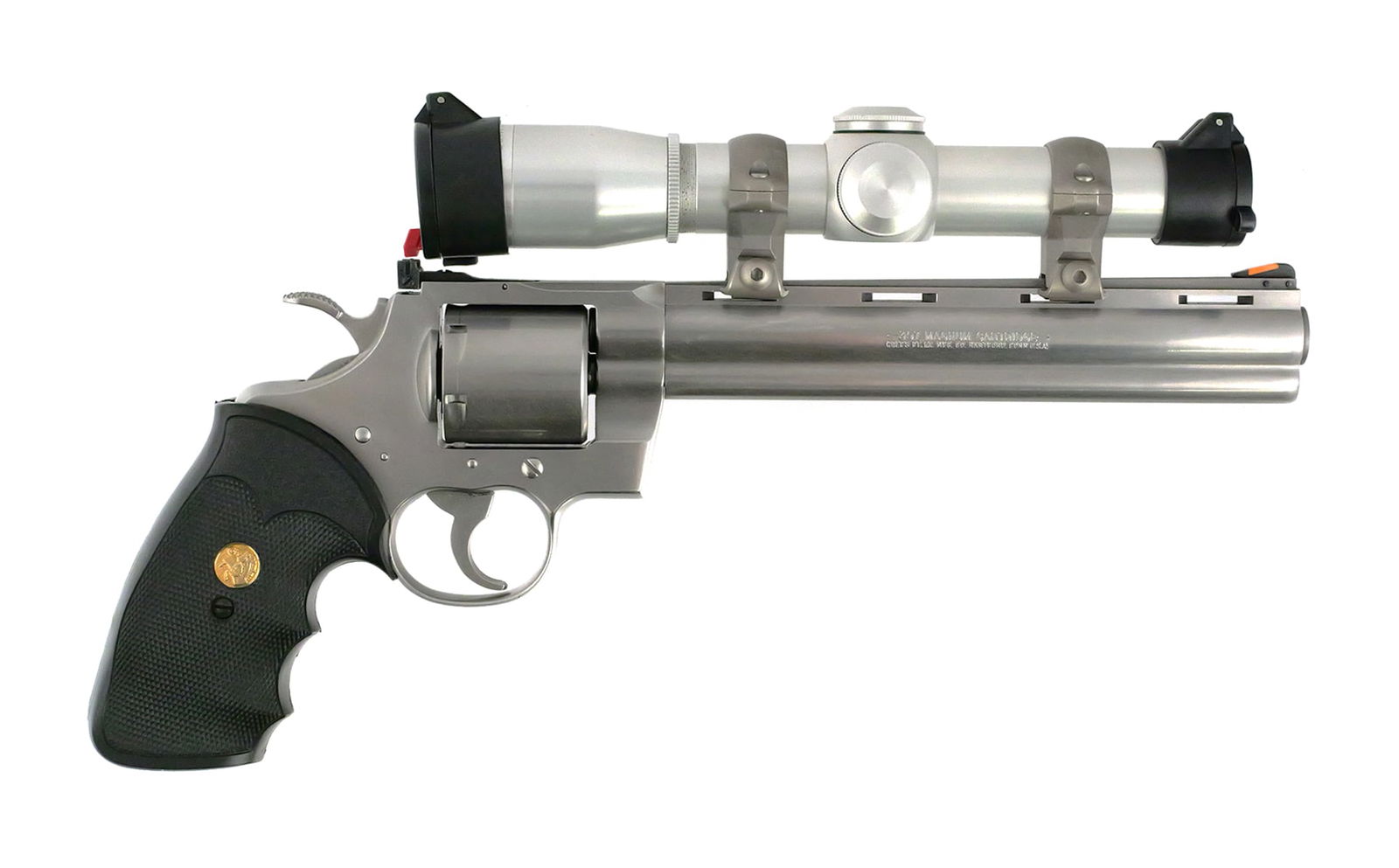 Colt Stalker 357 Revolver w/ Leupold Scope: Rare Colt Stalker double action revolver, c. 1989, limited production (approx. 200). Two-line caliber and Colt address on right barrel, STALKER on left. Rampant Colt on left frame. Triangle/VP and V