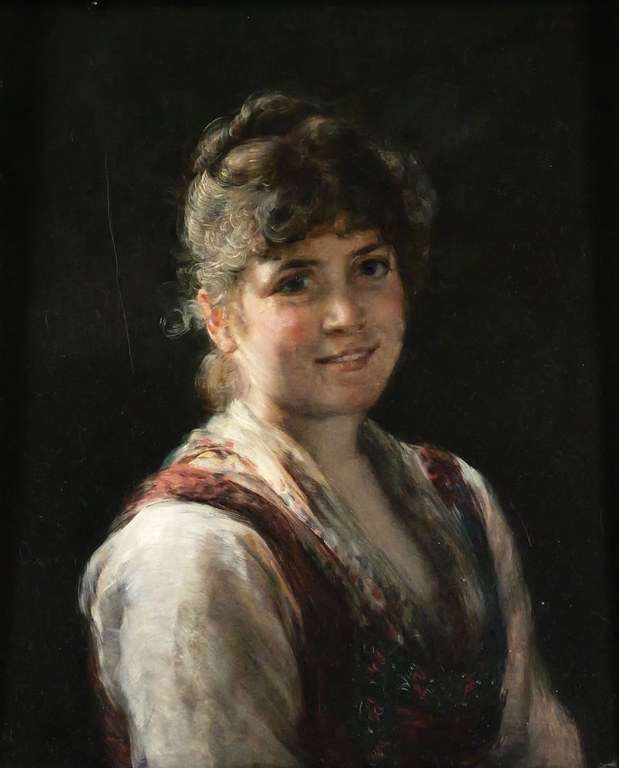 OTTO PILTZ Portrait of a Lady Painting: Oil on board of a young girl, collector identified artist as Otto Piltz (German 1846-1910) signed upper right corner (illeg.) and shared that the work was originally from the Hugo Reisinger