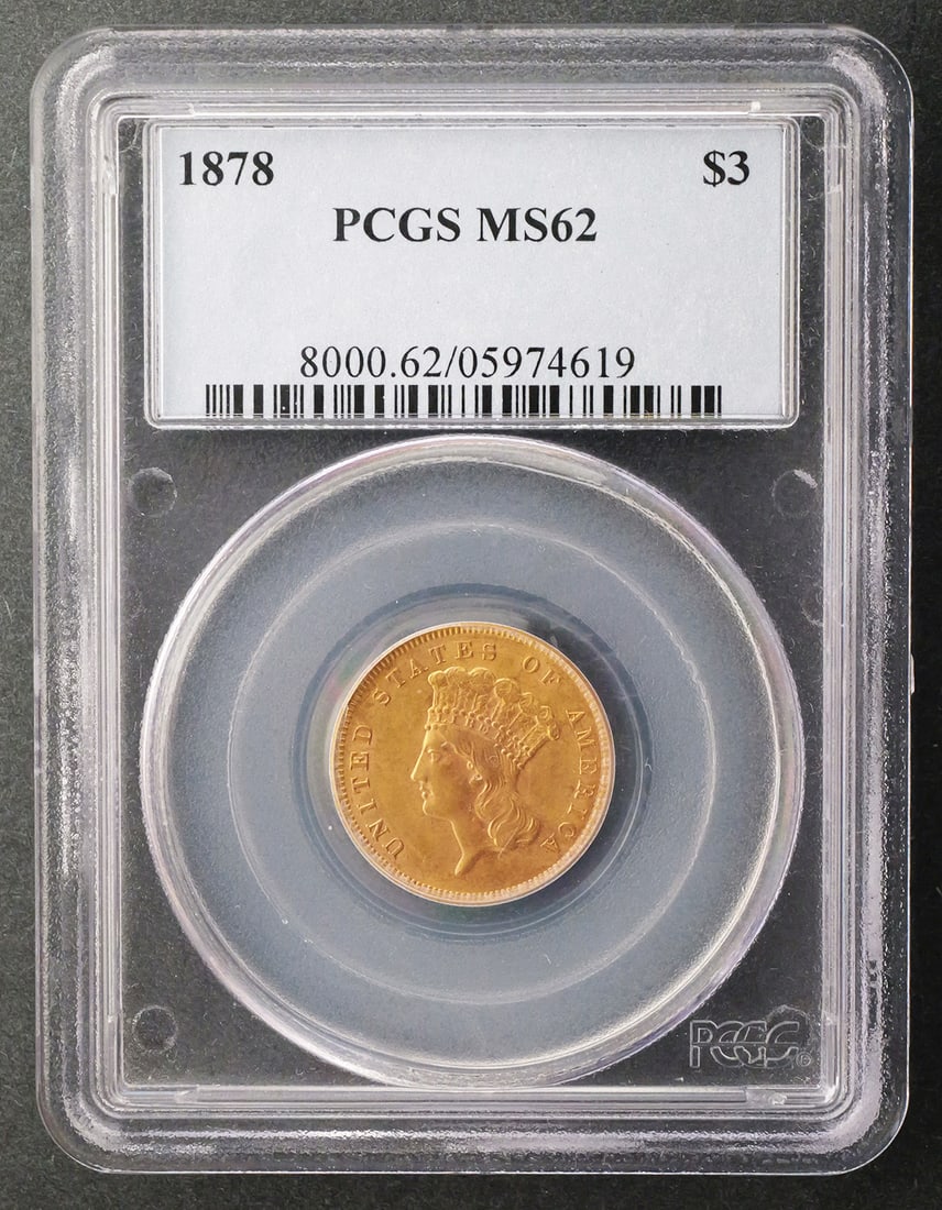 1878 $3 Gold Princess PCGS MS62: PCGS graded MS 62, 1878 United States $3 gold Princess type coin. PLEASE NOTE: Credit cards will not be accepted for this purchase. This item can be shipped in-house. Multiple lot combined shipping