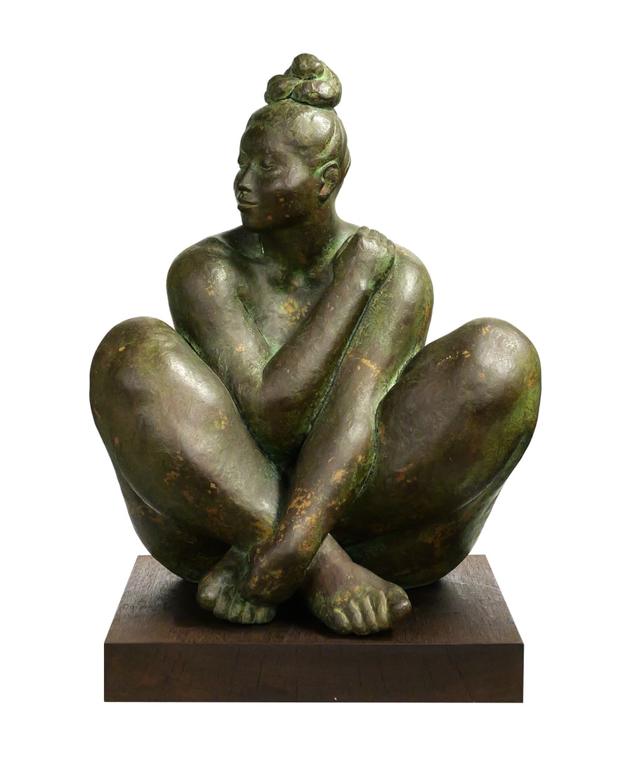 ARMANDO AMAYA, Nude Woman Bronze Sculpture: Bronze sculpture on wood base by Armando Amaya (Mexican, b. 1935). Numbered III/VI (3/6) and dated 1973. Measures about 19-1/2" high not including base (~21-1/2" with base). This item will need to be