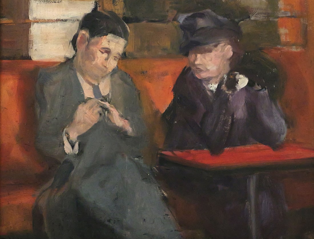 PIERRE VILLAIN Figurative Painting: Oil on board painting of two figures at a cafe, impressionist style, signed lower left and also identified on verso as painted by Pierre Villain, image measures 12-1/2" x 16-1/4" frame measures