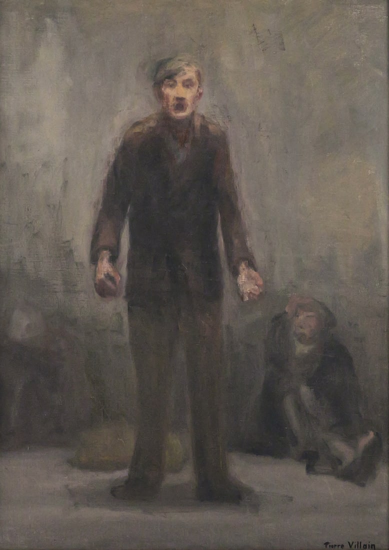 PIERRE VILLAIN Standing Man Painting: Oil painting of standing man, signed lower right Pierre Villain (French, 1880-1950), impressionist style with muted color palette, images measures 28-1/2" x 20-1/2" frame measures 32-1/2" x 25". This