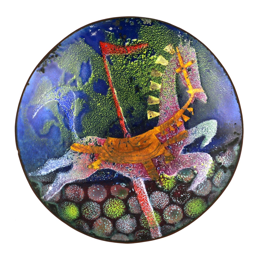 Virgil Cantini Enamel Dish: Vintage mid century MCM enamelled footed low bowl with a modernist design with a carousel horse. Signed on the back and with drawings including a bird and geometric shapes. Approx. 5-3/4"Dia. This ite