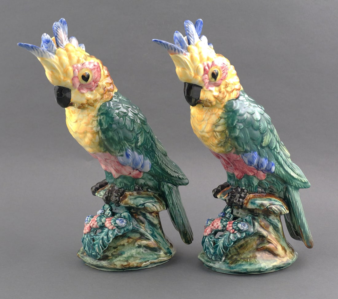 Pair of Stangl Large Cockatoo Figures: Rare height, 12-1/2", hard to find in a pair. Stangl majolica style glazed large cockatoo porcelain statues, model 3584, artist initialed possibly DC on the bottom, marked Jacob in mold on side of