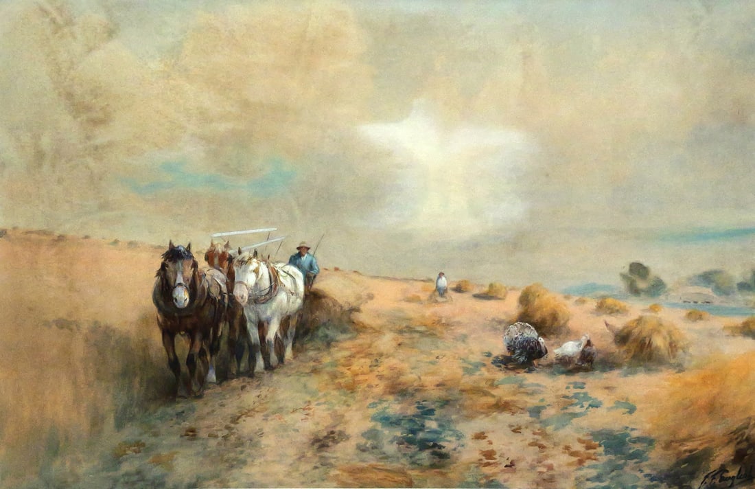 FRANK F. ENGLISH Rural Scene Watercolor: Large watercolor of rural scene with horses and figures tending to a field by Frank F. English (1854-1922), signed lower right corner. Image measures 22-1/2" x 35" frame measures 33" x 46". This item