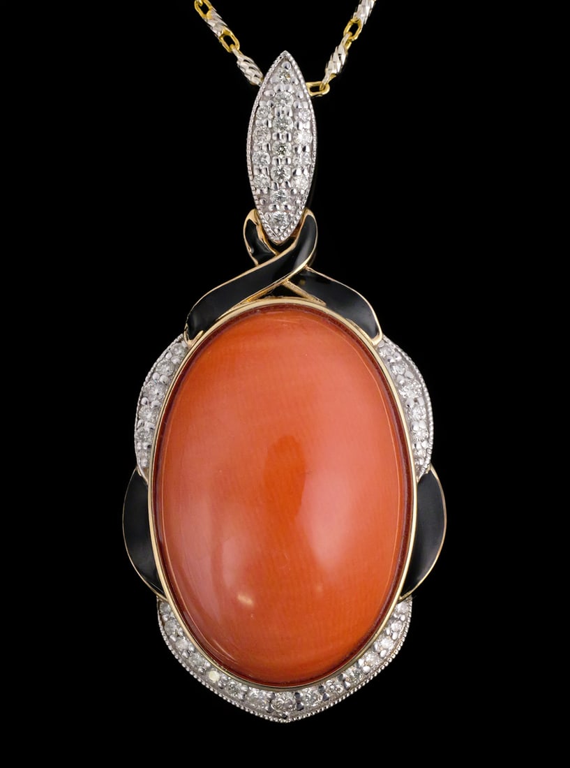 14K Coral & Diamond Pendant Necklace: 14K two tone gold pendant necklace, 18" long. Oval cabochon cut natural coral gemstone weighing 15.22 carats, measuring 19.93 x 13.57 mm, reddish pink color. Round brilliant cut natural diamonds total