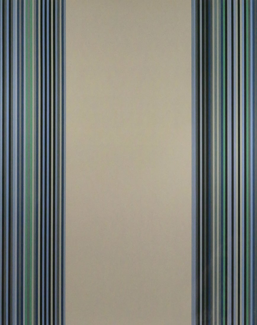 GENE DAVIS Vertical Stripe Serigraph: Large screenprint on paper with long vertical stripes in shades of blue, grey, and green with light grey color block in the center, signed in pencil at lower right, dated 1980, and numbered P/P 17/17