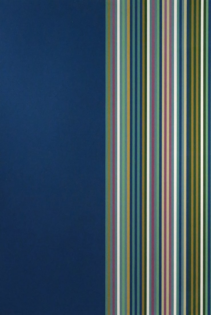 GENE DAVIS Vertical Stripe Serigraph: Large screenprint on paper with long vertical stripes in shades of blue, grey, pink, and green with dark blue color block to the left, by Gene Davis (American, 1920-1985). The work is characteristic