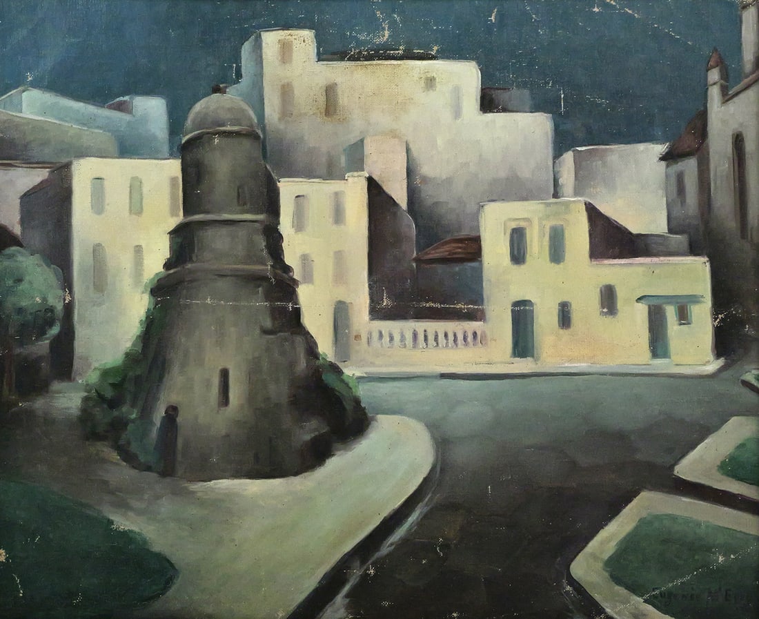 EUGENIE MCEVOY City Painting: OIl on canvas of a European town, signed lower right Eugenie McEvoy, a Woodstock New York artist, frame measures 17" x 21-1/2" image measures 15-1/2" x 19-1/2". This item will need to be shipped by a