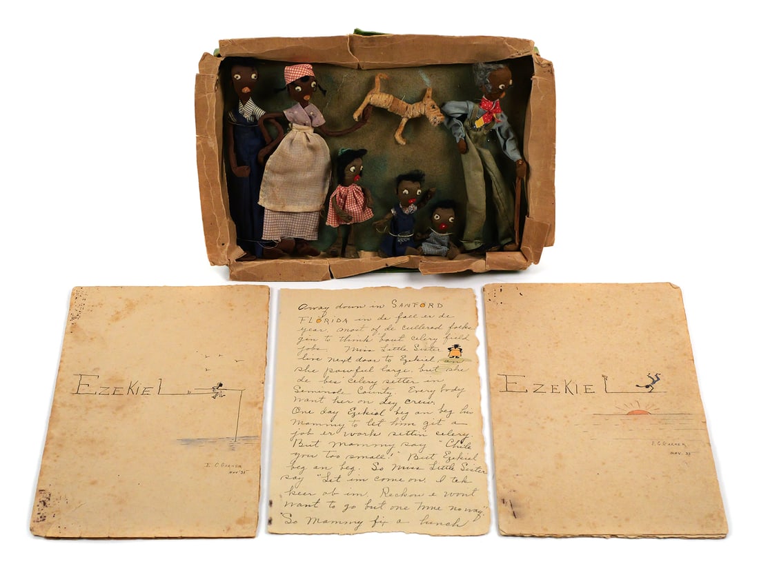 ELVIRA C. GARNER Ezekiel Orig Books & Dolls: Exceedingly rare, dated 1935 manuscripts of Ezekiel books, handwritten, with ink and watercolor illustrations by author E.C. Garner (American, 1886-1956) of Sanford, Florida. Accompanied by cloth and