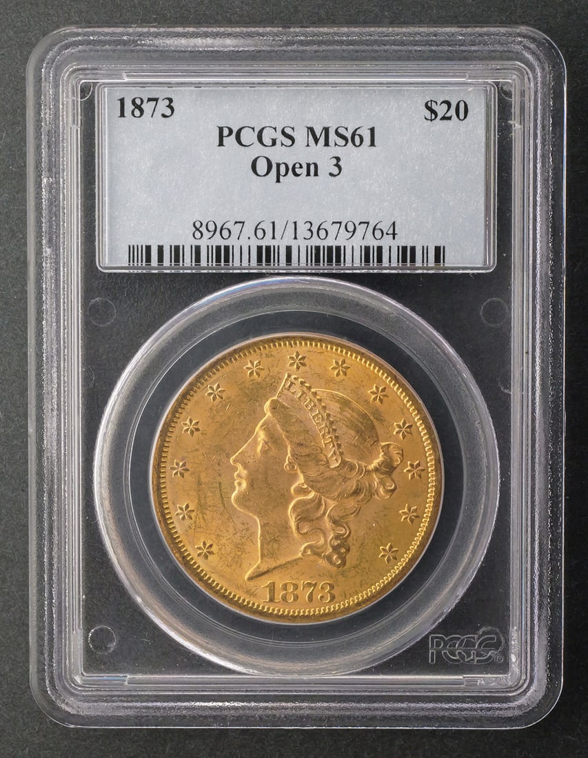 1873 $20 Liberty PCGS MS61 Open 3: PCGS graded MS 61, Open 3, 1873 United States $20 Liberty Head gold double eagle. PLEASE NOTE: Credit cards will not be accepted for this purchase. This item can be shipped in-house. Multiple lot