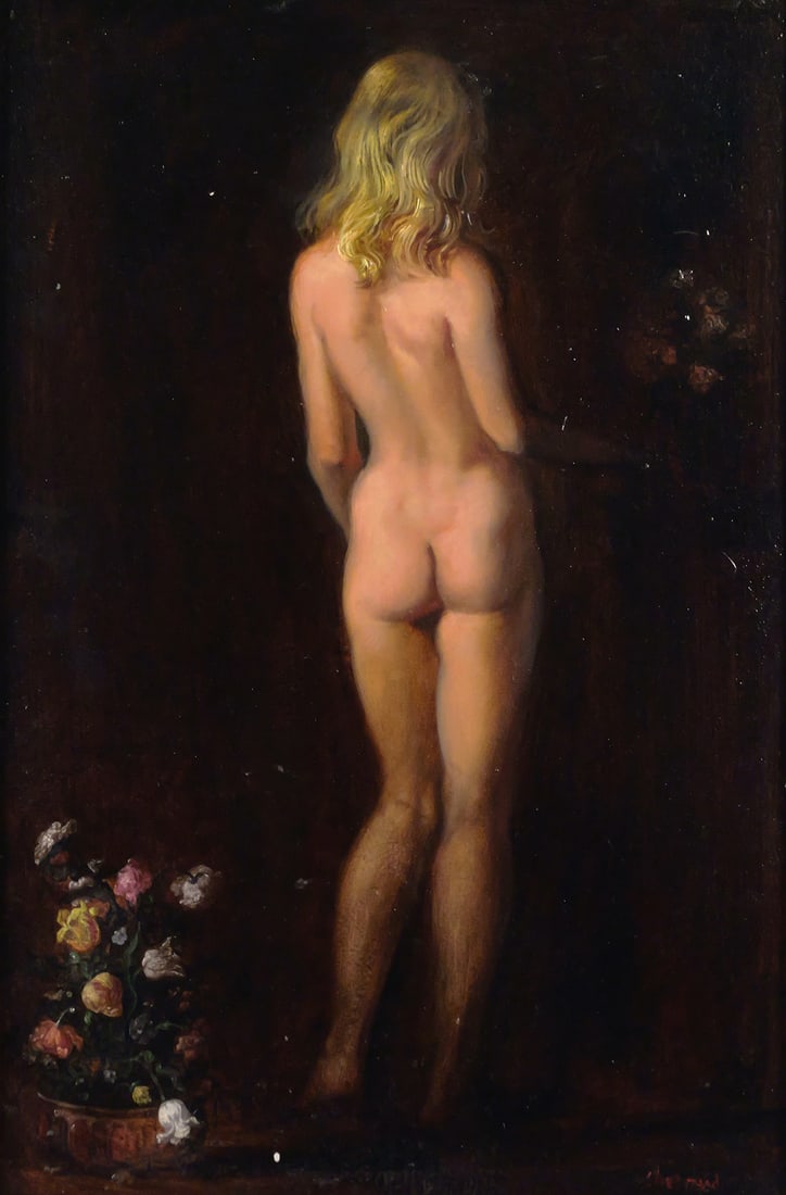 JOSEPH SHEPPARD Standing Female Nude Ptg: Oil on board of a standing nude woman with flowers to her left, signed lower right by Baltimore artist Joseph Sherly Sheppard (b. 1930), known for his realist figurative paintings, board measures 24"