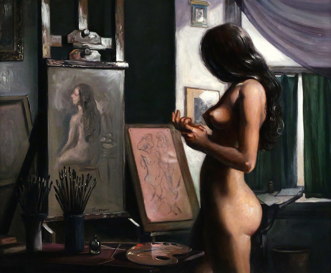 JOSEPH SHEPPARD Woman Art Studio Interior: Oil on board of a standing nude woman in an art studio interior scene, signed lower left in grey painting by Baltimore artist Joseph Sherly Sheppard (b. 1930), known for his realist figurative