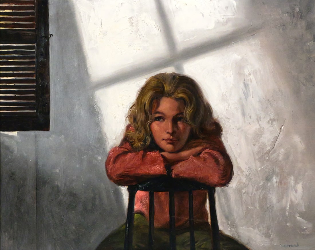 JOSEPH SHEPPARD Young Woman seated Ptg: Oil on board of a seated young woman with her arms resting on the top of the chair with a shadow of a window behind her, signed lower right by Baltimore artist Joseph Sherly Sheppard (b. 1930), known