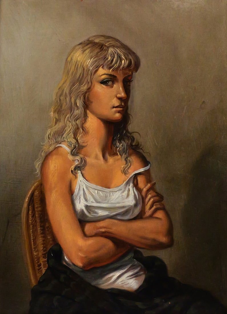 JOSEPH SHEPPARD Seated Woman Painting: Oil on board of a seated young woman with her arms crossed, signed lower right by Baltimore artist Joseph Sherly Sheppard (b. 1930), known for his realist figurative paintings, board measures 16" x