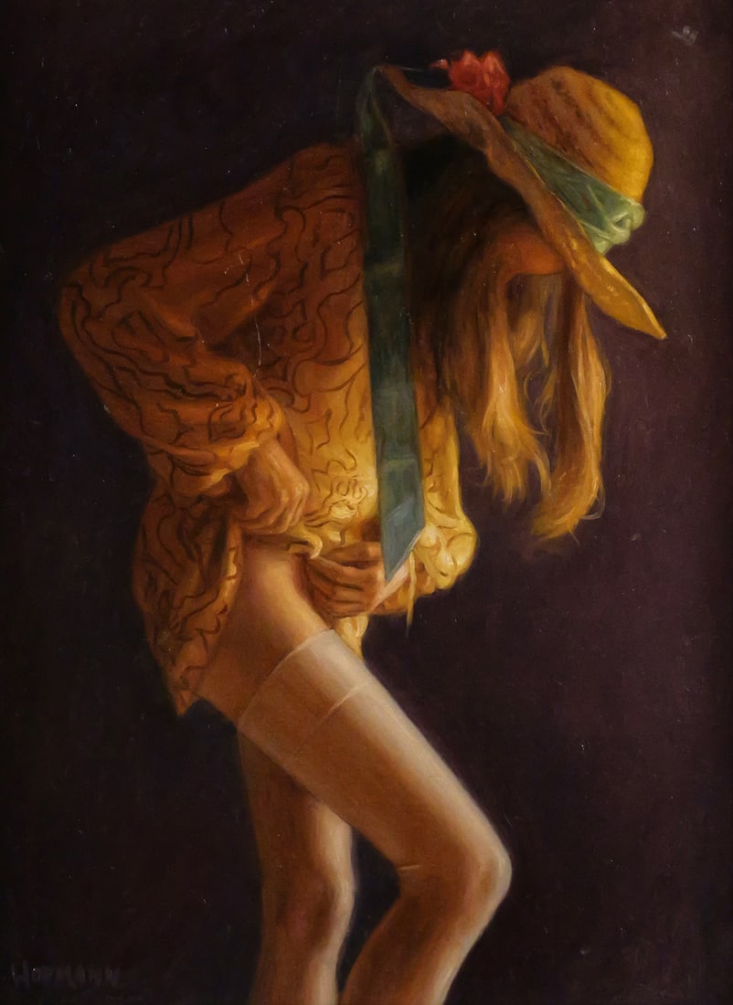 DOUGLAS HOFMANN Young Woman in Hat: OIl on board of a young woman leaning forward with a large hat with blue ribbon, signed lower left by Baltimore artist Douglas Hofmann (b. 1945), board measures 16" x 12" frame measures 24-1/2" x