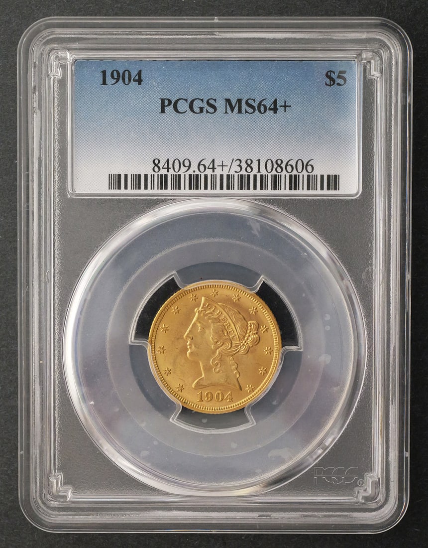 1904 $5 Liberty Half Eagle PCGS MS64+: PCGS graded MS 64+, 1904 United States $5 Liberty Head gold half eagle. PLEASE NOTE: Credit cards will not be accepted for this purchase. This item can be shipped in-house. Multiple lot combined