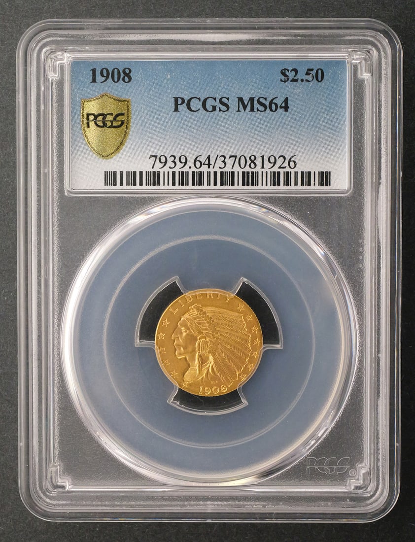 1908 $2.5 Indian Quarter Eagle PCGS MS64: PCGS graded MS 64, 1908 United States $2.50 Indian Head gold quarter eagle. This item can be shipped in-house. Multiple lot combined shipping may require 3rd Party shipping.