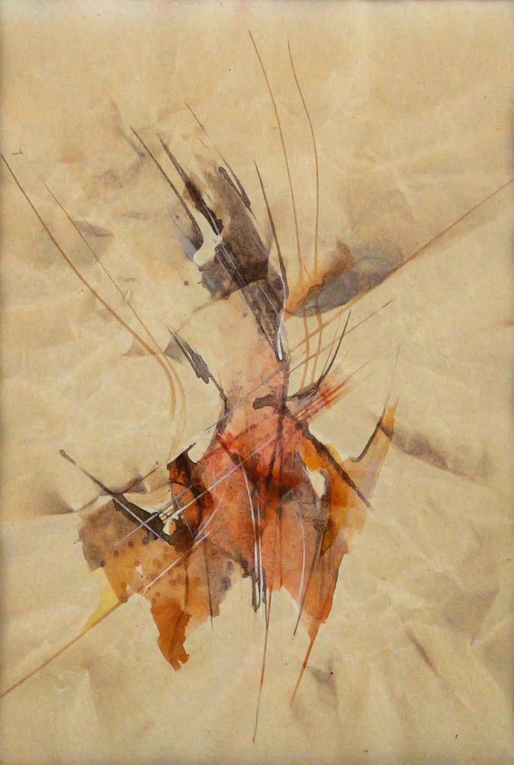 LEONARDO NIERMAN Abstract Painting: Watercolor on paper abstract painting titled "Autumn" by Mexican artist Leonardo Nierman (1932-2023), unsigned, image measures 14-1/2" x 10-1/2" frame measures 22" x 18" This item will need to be ship