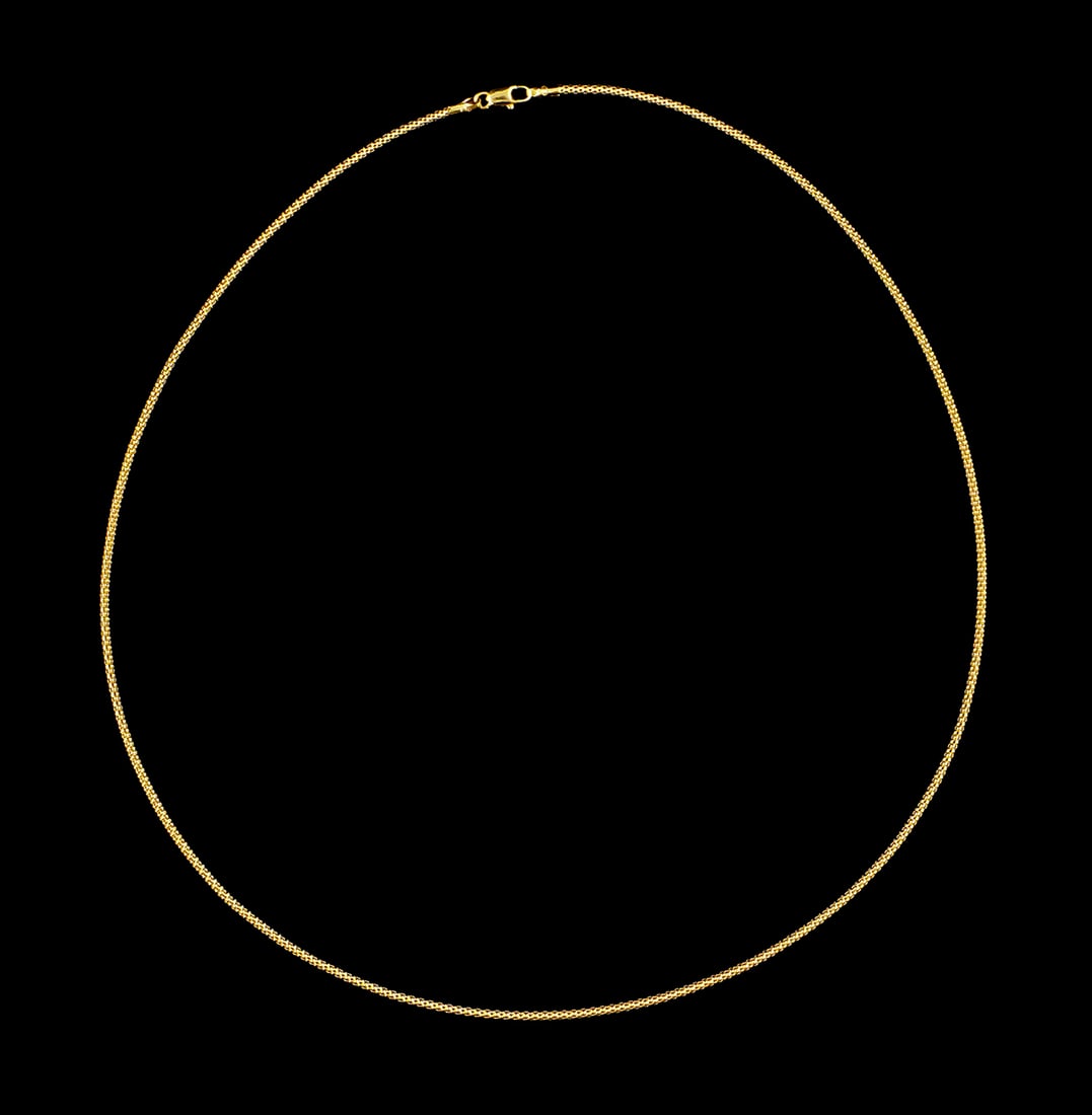 18K Gold Popcorn Link Necklace: 18 karat yellow gold, marked 750, necklace with lobster clasp, popcorn style link. 750 marked, 18 k yg chain, 4.7 grams tw. Approx. 19-1/2"L. This item can be shipped in-house. Multiple lot combined