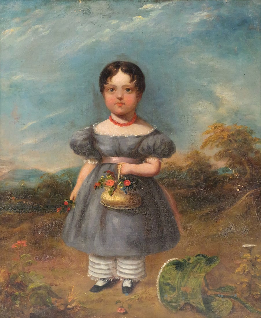 19th c Young Girl Portrait LAWSON: Oil on canvas of a young girl holding a basket of flowers with her bonnet on the ground next to her, she is in a pastoral landscape setting, 19th century English portrait, folk art, canvas measures