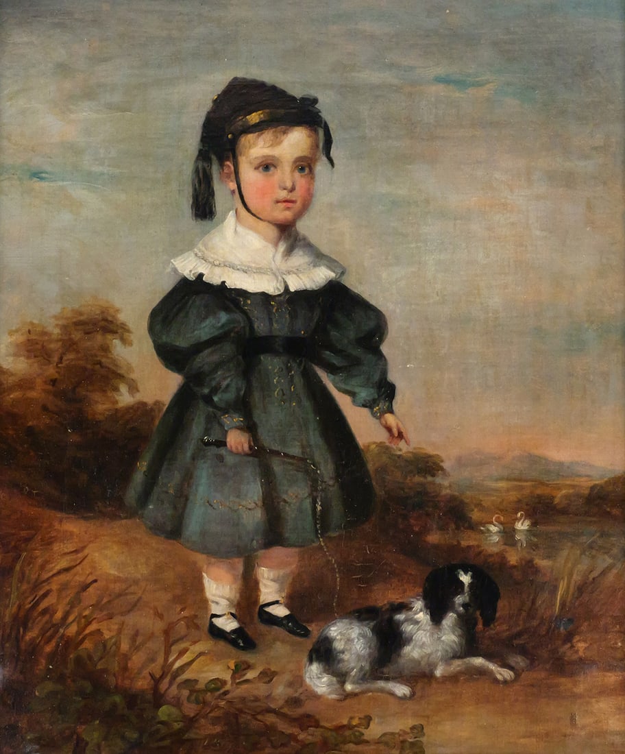 19th c Young Child Portrait LAWSON: Oil on canvas of a young boy with dog in a pastoral landscape, 19th century English portrait, folk art, canvas measures 14-1/2" x 12" frame measures 17-3/4" x 15-1/2". On verso reads "Edwin Binns