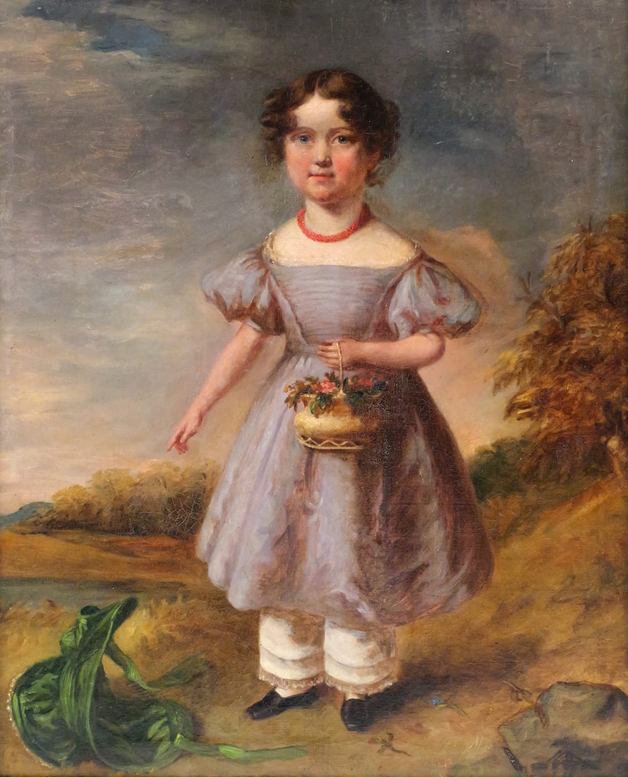 19th c Young Girl Portrait LAWSON: Oil on canvas of a young girl holding a basket of flowers with her bonnet on the ground next to her, she is in a pastoral landscape setting, 19th century English portrait, folk art, canvas measures