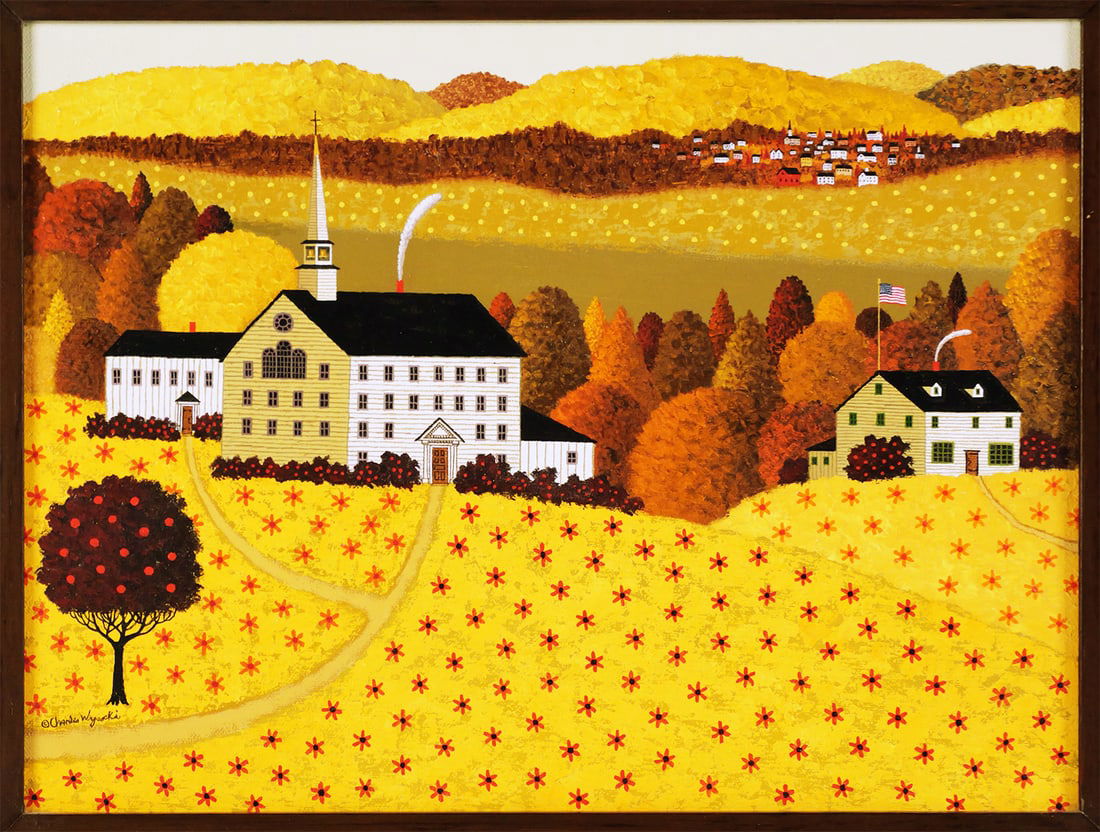 CHARLES WYSOCKI, Oil on Canvas Painting: Northeastern autumn scene, possibly Vermont, oil on canvas by Charles Wysocki (American, 1928-2002). Depicts a church and perhaps a school house with a town in the distance. Apple tree in the foregrou