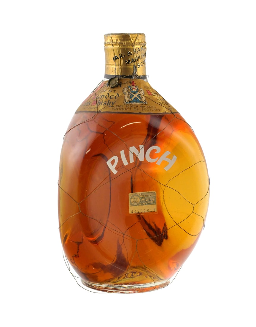 Vintage PINCH Scotch Whisky Bottle: Unopened bottle of Haig & Haig, Scotland, Pinch blended scotch whiskey, 86.8 proof, 4/5 quart. Label and tax strip have some loss. PLEASE NOTE: This item is being sold as a collectible bottle, and its