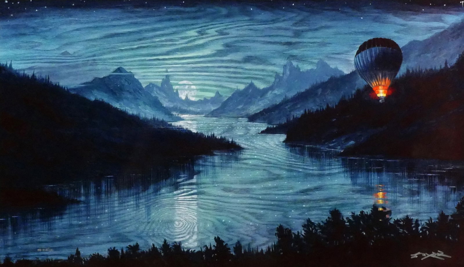 MATT BEYRER Balloon Wood Painting Print: Digital multiple through dye-sublimation on wood composition of a hot air balloon in a landscape signed by Matt Beyrer lower right corner and numbered lower left PP 128/130. Images measures 13" x