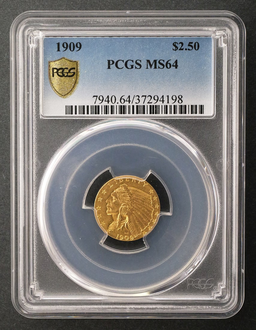 1909 $2.5 Indian Quarter Eagle PCGS MS64: PCGS graded MS 64, 1909 United States $2.50 Indian Head gold quarter eagle. This item can be shipped in-house. Multiple lot combined shipping may require 3rd Party shipping.