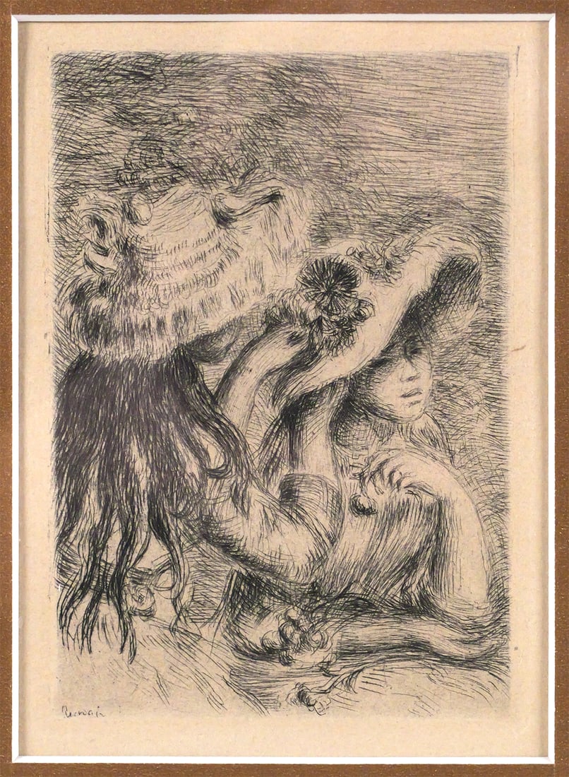 After RENOIR Etching The Hat Pin: Small etching on paper of the work "Le Chapeau Epingle (The Hat Pin)" after a work by Pierre-Auguste Renoir (French, 1841-1919), image measures 4-1/2" x 3" frame measures 23-1/2" x 22". This item