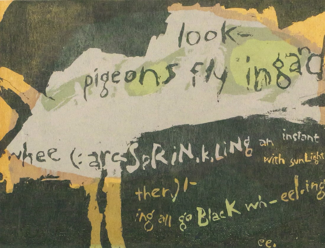 Corita Kent "Pigeons Flying" Screen Print: Sister Mary Corita, Corita Kent (1918 - 1986), screenprint on paper from 1961 titled "Pigeons Flying". Titled lower left, signed lower right. Approx. 14-1/4" x 11" viewable, 21-1/2" x 18-1/2"