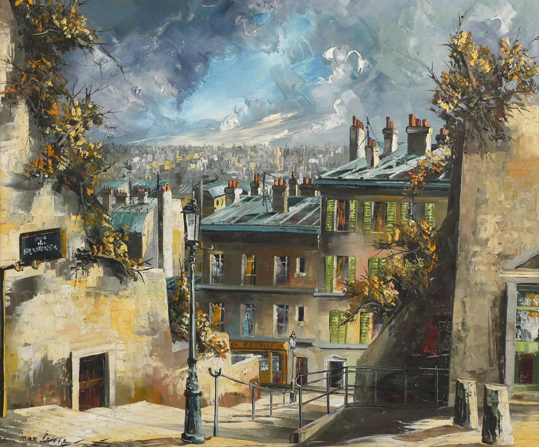 JEAN LEWIS Paris Painting: Oil on canvas painting of Paris, 1970 (written on back) and signed lower left Jean Lewis. Canvas measures 21-1/2" x 25-1/2" frame measures 23" x 27-1/2". This item will need to be shipped by a