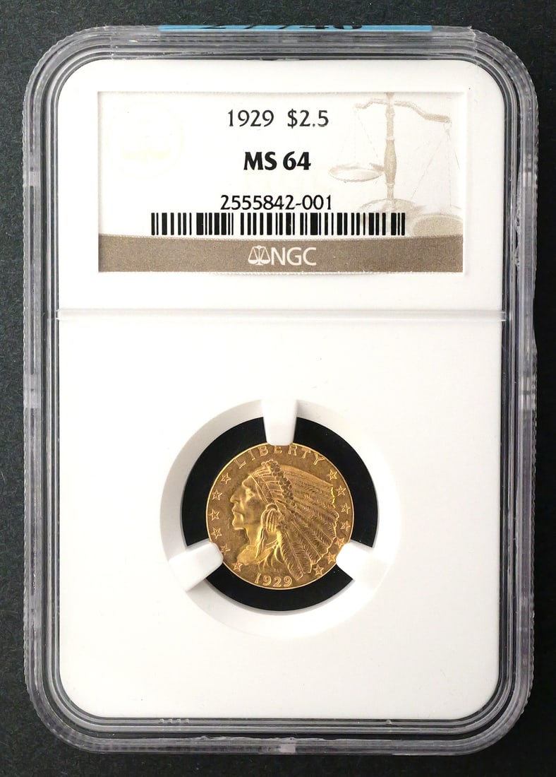 1929 $2.5 Indian Quarter Eagle NGC MS64: NGC graded MS 64, 1929 United States $2.50 Indian Head gold quarter eagle. This item can be shipped in-house. Multiple lot combined shipping may require 3rd Party shipping.