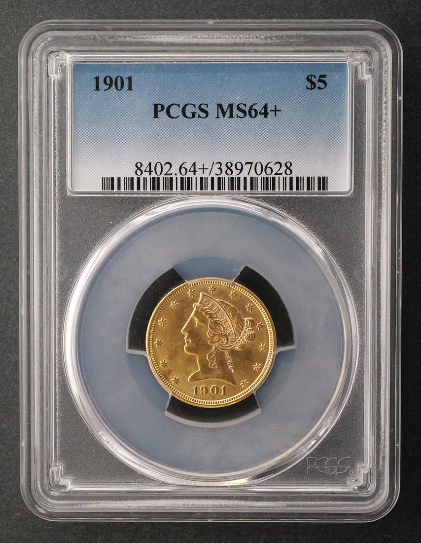 1901 $5 Liberty Half Eagle PCGS MS64+: PCGS graded MS 64+, 1901 United States $5 Liberty Head gold half eagle. This item can be shipped in-house. Multiple lot combined shipping may require 3rd Party shipping.