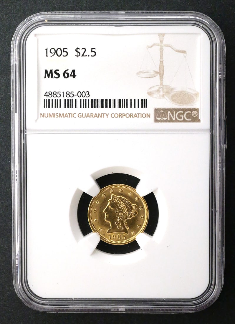 1905 $2.5 Liberty Quarter Eagle NGC MS64: NGC graded MS 64,1905 United States $2.50 Liberty Head gold quarter eagle. This item can be shipped in-house. Multiple lot combined shipping may require 3rd Party shipping.