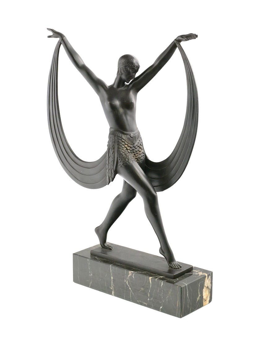 Bronze Art Deco Fayral Dancer Sculpture: Cast bronze statue after Pierre Le Faguays, Fayral, titled "Dancer", depicting an Art Deco semi nude woman. Marked in cast and mounted on marble. Approx. 8-3/4" x 3-1/4". This item can be shipped