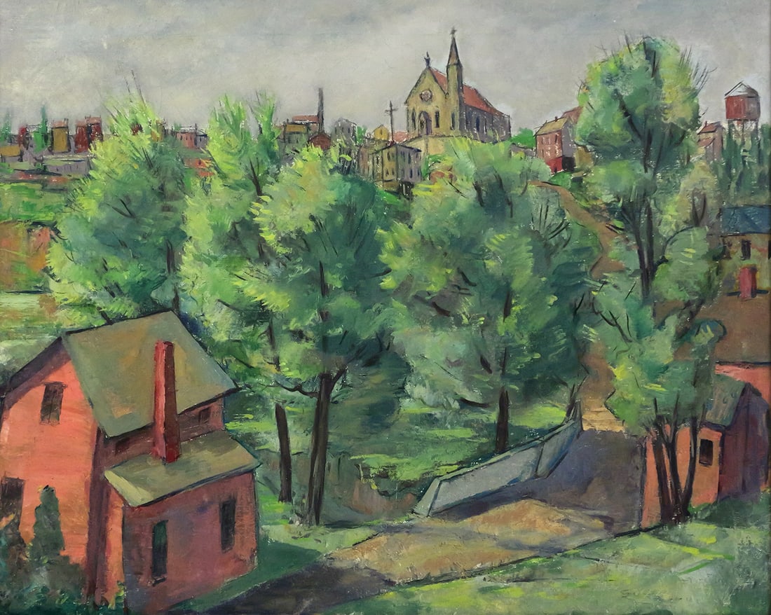 SUZANNE THOMPSON City Landscape Painting: Oil on canvas painting of a landscape with church and town on a hill in the background, signed lower right, written on verso Suzanne Thompson, a Woodstock New York artist, signed lower right. Frame