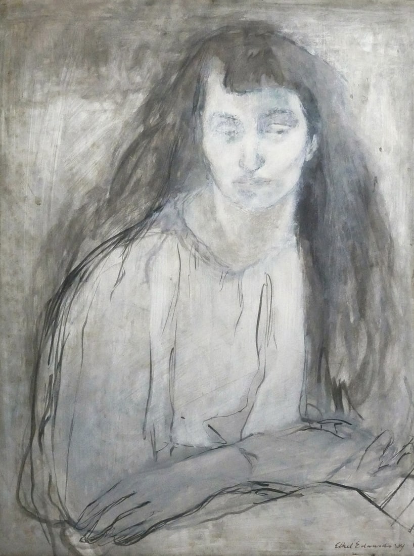 Ethel EDWARDS Gouache of Young Girl: Gouache on paper of young girl by Ethel Edwards (American, 1914-1999), signed lower right and dated '44. Image measures 25-1/2" x 19-3/4" frame measures 30-1/2" x 24-1/2". This item will need to be