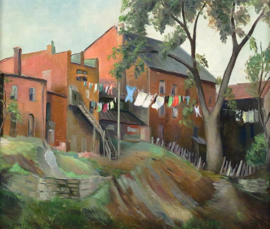EUGENIE MCEVOY City Scene Painting: OIl on canvas of backside of a row of house with a clothes line with clothes, signed lower left Eugenie McEvoy, a Woodstock New York artist, frame measures 25-1/2" x 29-1/2" image measures 15-1/2" x