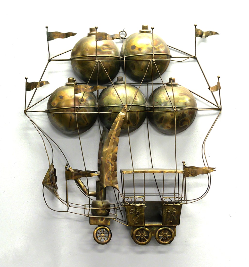 Curtis Jere Flying Machine Wall Sculpture: Curtis Freiler and Jerry Fels patinated copper or brass hot air balloon steampunk style flying machine in the style of Jules Verne. Unsigned, presumed to be Curtis Jere. Approx. 24" x 29". This item