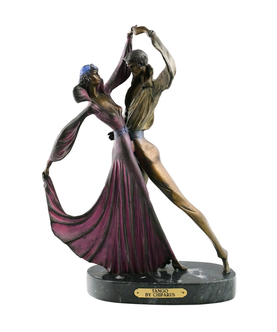 Bronze Chiparus Tango Statue: Cast bronze sculpture "Tango", after Chiparus, polychrome pink and blue accents. Mounted on marble base with plaque. Approx. 12" x 18-3/8". This item will need to be shipped by a packing company of