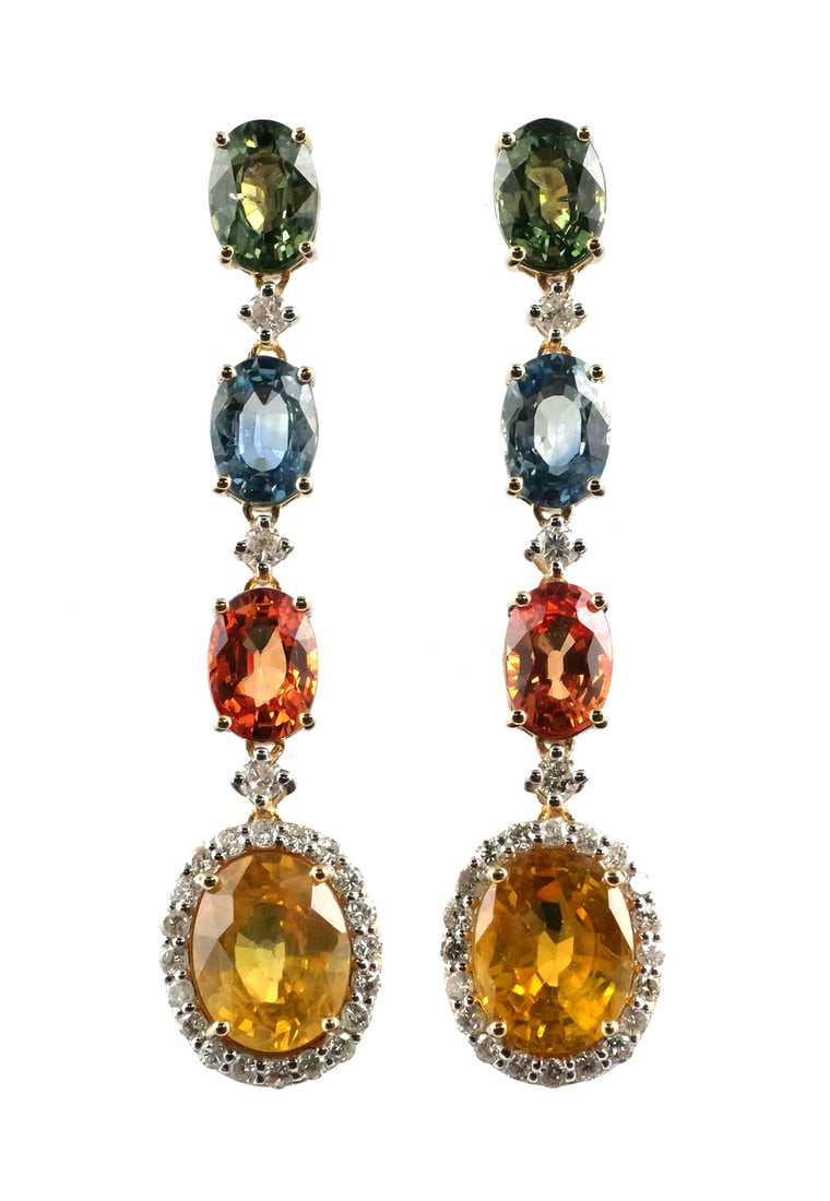 14K Diamond & Multicolor Sapphire Earrings: 14K yellow gold custom-made ladies earrings with push backs. Set with eight oval multicolor sapphires totaling 11.76 carats. Adjacent round brilliant cut natural diamonds totaling 0.70 carat, G/H